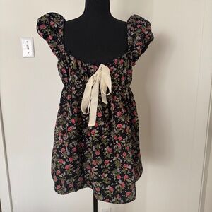 Free People Floral Boho Mini Dress Tie Front Puff Sleeve